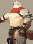 abs anthro armor blue_eyes bottomwear clothing fur grey_body grey_fur loincloth male muscular muscular_anthro muscular_male nipples pecs scarf solo unconvincing_armor pu94_d1de4c crave_saga hakuma_(crave_saga) canid canine canis mammal wolf 3:4 absurd_res hi_res