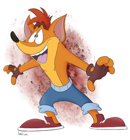 4_fingers anthro biped black_nose blue_bottomwear blue_clothing blue_pants bottomwear brown_clothing brown_fingerless_gloves brown_gloves brown_handwear clothed clothing eyebrows fingerless_gloves fingers footwear fur gloves handwear male open_mouth orange_body orange_fur pants red_clothing red_footwear red_shoes shoes simple_background solo standing teeth topless year madtoons activision crash_bandicoot_(series) crash_bandicoot bandicoot mammal marsupial 2023 absurd_res full-length_portrait hi_res portrait signature