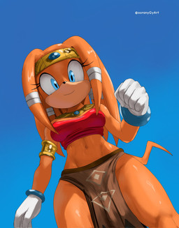 anthro blue_eyes bottomwear breasts clothed clothing female fur gloves hair handwear loincloth looking_at_viewer low-angle_view medium_breasts midriff navel orange_body simple_background smile solo standing topwear tribal soranygyart sega sonic_adventure sonic_the_hedgehog_(series) tikal_the_echidna echidna mammal monotreme digital_media_(artwork) hi_res