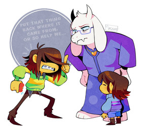 anthro blue_clothing brown_hair clothing eyewear female fur glasses green_clothing green_shirt green_topwear group hair male shirt text topwear trio white_body white_fur yellow_body yellow_skin akanemnon deltarune disney monsters_inc pixar undertale undertale_(series) frisk_(undertale) kris_(deltarune) toriel bovid caprine goat human mammal 2022
