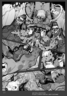 4_toes abdominal_bulge anal anal_fluids anal_penetration anthro bodily_fluids bone bottomwear clothed clothing dripping duo feet fishnet_clothing fishnet_topwear foot_wraps forced forced_anal genital_fluids hair leaking_precum male male/male messy_hair muscular muscular_male partially_clothed partially_clothed_anthro partially_clothed_male pawpads penetration precum precum_drip precum_through_bottomwear precum_through_clothing precum_through_shorts shorts skull skull_head spots suspenders sweat sweaty_body tall_male toes topwear towering wet wet_clothing wraps nsfuwu4 hyena mammal monster 2025 absurd_res black_and_white comic hi_res monochrome