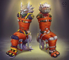 ankles_tied anthro arms_tied athletic athletic_anthro athletic_male bdsm black_nose black_sclera blush bondage bottomwear bound bulge chair chair_bondage cheek_tuft clothed clothed_anthro clothed_male clothing duo facial_tuft footwear fully_bound fur furniture gag gagged genital_rope green_eyes grey_body grey_fur hair hands_behind_back inner_ear_fluff jacket legs_tied logo male muffled on_chair penis_rope red_eyes restrained restraints rope rope_bondage rope_harness scarf sitting sitting_on_chair submissive submissive_anthro submissive_male tail tape tape_gag topwear tuft white_body white_fur white_hair moire_dragon lifewonders tokyo_afterschool_summoners seth_(tas) tadatomo_(tas) canid canine canis domestic_dog jackal mammal artist_logo hi_res