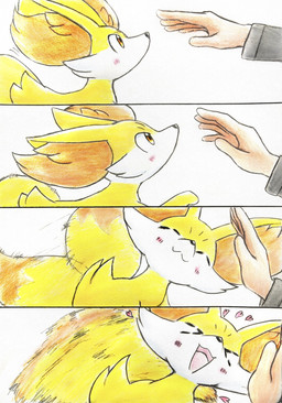 ambiguous_gender blush blush_lines caressing duo eyes_closed feral fur happy heart_symbol motion_blur open_mouth orange_body orange_eyes orange_fur tail tail_motion tailwag tongue white_body white_fur yellow_body yellow_fur eiroru nintendo pokemon canid canine fennekin generation_6_pokemon human mammal pokemon_(species) 2026 comic graphite_(artwork) hi_res traditional_media_(artwork)