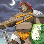 anthro bulge clothing cloud kemono male melee_weapon moobs moon musclegut muscular night nipples outside overweight overweight_male scar shield smile solo sword underwear weapon shiba-kenta canid canine mammal 2024