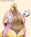 anthro areola bathrobe big_breasts biped bodily_fluids breasts clothed clothing coat container cup curvy_figure exposed_breasts eyelashes female green_eyes holding_container holding_cup holding_object horn huge_breasts lactating multicolored_body nipples open_clothing open_coat open_topwear overweight overweight_anthro overweight_female partially_clothed robe simple_background solo tail text thick_thighs topwear underwear voluptuous wide_hips yellow_body goolee mythology li'mone_(goolee) dragon mythological_creature mythological_scalie scalie 5:6 colored digital_drawing_(artwork) digital_media_(artwork) hi_res portrait three-quarter_portrait url