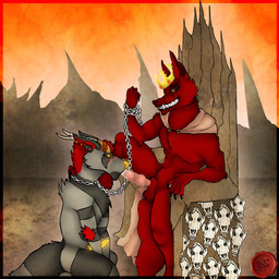 anthro balls blush duo genitals glowing glowing_genitalia glowing_penis knot leash leash_pull male male/male oral penis smile smirk fellowwolf landon_(fellowwolf) canid canine canis hybrid mammal wolf 1:1 absurd_res hi_res