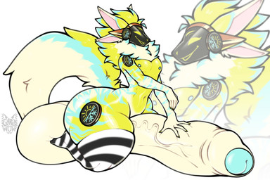 4_ears anthro balls big_balls big_butt big_penis blue_body blue_fur butt clothed clothing foreskin fur genitals glistening glistening_body glistening_genitalia glistening_penis gold_(metal) huge_balls huge_butt huge_penis humanoid_genitalia humanoid_penis hyper hyper_balls hyper_genitalia hyper_penis legwear machine male markings multi_ear multicolored_body multicolored_fur nipples penis protogen_visor sitting solo stockings striped_body striped_fur striped_markings stripes tail vein veiny_penis white_body white_fur yellow_body yellow_fur garedwolf protogen 3:2 absurd_res hi_res