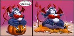 anthro belly big_breasts black_border border bra breasts chest_tuft cleavage clothed clothing costume crush devil_costume dialogue female food fruit fur hair holding_object holding_pitchfork holding_tool holidays horn jack-o'-lantern looking_aside membrane_(anatomy) membranous_wings mouth_closed narrowed_eyes open_mouth overweight overweight_anthro overweight_female panties paws pitchfork plant pumpkin red_clothing sitting sitting_on_pumpkin slightly_chubby slightly_chubby_anthro slightly_chubby_female solo sound_effects spade_tail speech_bubble tail text thick_thighs tools tuft underwear whiskers wide_eyed wide_hips wings yellow_eyes shenzel halloween shenzel_(shenzel) domestic_cat felid feline felis mammal 2020 absurd_res english_text hi_res multiple_images