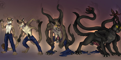 6_legs anthro anthro_to_feral balls black_body bottomwear clothing collar countershading denim denim_bottomwear denim_clothing fangs feral genitals glowing glowing_eyes green_body growth jeans linear_sequence looking_at_viewer male nude pants penis simple_background solo teeth torn_clothing transformation transformation_sequence white_body white_countershading frostedmonster dungeons_and_dragons hasbro wizards_of_the_coast cougar displacer_beast felid feline mammal 2025 hi_res