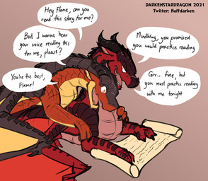 brown_body brown_scales claws countershade_torso countershading dialogue duo facial_scar feral finger_claws horn long_neck looking_at_another lying lying_on_another male male/male membrane_(anatomy) membranous_wings nose_spike on_front open_mouth open_smile red_body red_scales scales scar scroll sharp_teeth simple_background smile snout speech_bubble talking_to_another tan_background teeth text tongue wing_claws wings yellow_eyes darkenstardragon european_mythology mythology wings_of_fire flame_(wof) umber_(wof) dragon mudwing_(wof) mythological_creature mythological_scalie scalie skywing_(wof) western_dragon 2021 english_text watermark
