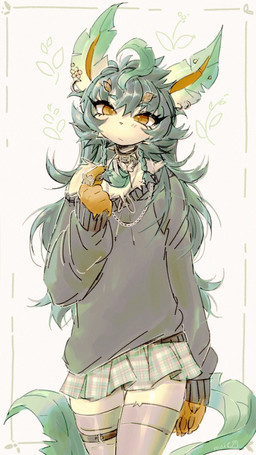 anthro blush blush_lines bottomwear brown_eyes claws clothing collar ear_piercing eyelashes female flat_chested fur green_hair hair legwear pawpads piercing ring simple_background skirt solo spiked_collar spikes tail tan_body tan_fur maimoonrabbit nintendo pokemon eeveelution generation_4_pokemon leafeon pokemon_(species) 2026 9:16 hi_res signature