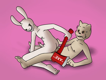 anthro axe duo feet genitals male male/male melee_weapon penis sex weapon white_body stickly superplastic guggimon janky domestic_cat felid feline felis lagomorph leporid mammal rabbit 4:3