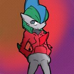 clothing fin gradient_background green_hair grey_eyes hair hair_over_eye hands_in_both_pockets hoodie looking_at_viewer male not_furry one_eye_obstructed simple_background smile smiling_at_viewer smirk smirking_at_viewer solo thin_thighs topwear wide_hips malegardevoir nintendo pokemon gallade generation_4_pokemon humanoid pokemon_(species) 1:1 2023