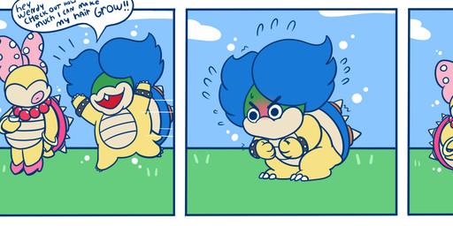 3_panel_comic 3_toes 4_fingers anthro beaded_jewelry beaded_necklace beads black_bracelet blue_hair blue_shell blue_sky blush bodily_fluids bracelet claws clothing cloud container crouching cup day dialogue duo eyebrow_through_hair eyebrows eyelashes fangs featureless_crotch featureless_face feet female fingers fist footwear furrowed_eyebrows grass growth hair hair_growth high_heels holding_container holding_cup holding_object jewelry larger_anthro larger_female lips male medium_hair mouthless multicolored_body multicolored_scales name_drop name_in_dialogue necklace open_mouth open_smile outside pink_bow pink_clothing pink_footwear pink_high_heels pink_lips pink_shell plant red_mouth scales shell shoes size_difference sky smaller_anthro smaller_male smile speech_bubble spiked_shell spikes spikes_(anatomy) straining studded_bracelet studded_jewelry studs sweat sweatdrop tail tan_body tan_scales tan_spikes teeth text thick_lips toe_claws toes translucent translucent_hair two_tone_body two_tone_scales white_claws yellow_body yellow_bracelet yellow_scales yellow_tail fuposey hey_check_out_how_hard_i_can mario_bros nintendo koopaling ludwig_von_koopa wendy_o._koopa koopa scalie 2019 comic digital_media_(artwork) english_description english_text flat_colors hi_res