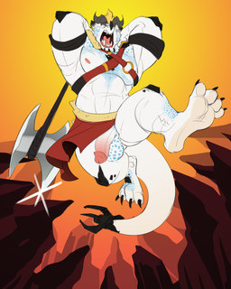 4_toes abs anthro axe balls battle_axe biped blonde_hair bottomwear bottomwear_aside clothing clothing_aside digitigrade feet genitals hair harness horn humanoid_genitalia humanoid_penis jumping loincloth loincloth_aside long_tail male melee_weapon muscular muscular_anthro muscular_male penis prehensile_tail scales solo tail toes warrior weapon white_body white_scales thewilldpink mythology nogard_krad_nox dragon mythological_creature mythological_scalie scalie absurd_res hi_res