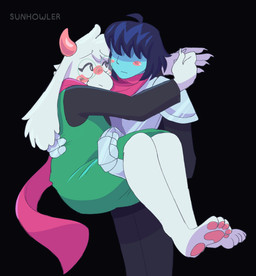 5_toes anthro armor barefoot biped black_hair blue_body blue_skin blush blush_stickers bridal_carry carrying_another claws clothing cuirass duo eyewear feet finger_claws floppy_ears fur gauntlets glasses gloves hair handwear horn hug human_on_anthro interspecies long_ears male male/male pauldron pawpads paws pink_horn pink_pawpads pink_scarf plantigrade round_glasses scarf soles toes white_body white_fur white_hair xenodogz deltarune undertale_(series) kris_dreemurr ralsei bovid caprine darkner goat human mammal 2026 digital_media_(artwork) hi_res nonbinary_(lore)