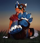 anthro claws clothing eyewear eyewear_on_head feet foot_focus goggles goggles_on_head grass hair looking_at_viewer low-angle_view male pawpads plant smile solo toe_claws toothy_grin aliscik archie_(thearchiefox) canid canine fox mammal animated hi_res