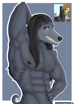 abs anthro biceps black_hair black_nails black_nipples black_nose colored_nails eyebrows eyelashes fingers fur grey_body grey_fur hair half-closed_eyes long_hair looking_down male multicolored_body multicolored_fur muscular muscular_male nails narrowed_eyes nipples nude simple_background smile solo tail teeth teeth_showing grandpaman fixed_(film) sony_corporation canid canine canis domestic_dog mammal absurd_res hi_res