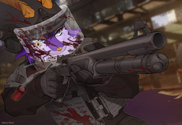 5_fingers ambiguous_gender anthro armor biped blood bodily_fluids bottomwear clothed clothed_ambiguous clothed_anthro clothing fingers front_view fully_clothed fully_clothed_ambiguous fully_clothed_anthro fur gloves gun handwear headgear helmet holding_gun holding_object holding_ranged_weapon holding_weapon horn outside ranged_weapon smile solo standing topwear weapon amarihel mythology dragon mythological_creature mythological_scalie scalie 2026 digital_drawing_(artwork) digital_media_(artwork) hi_res