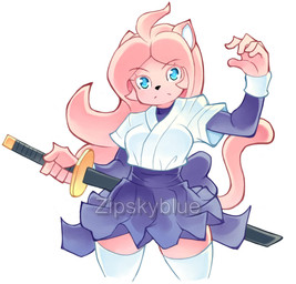 anthro blue_eyes female fur holding_object holding_weapon melee_weapon pink_body pink_fur solo sword tail weapon zipskyblue meredith_(zipskyblue) felid feline mammal hi_res