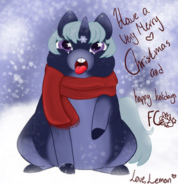 1_horn ambiguous_feral ambiguous_gender black_hooves blue_hair blue_tail buckteeth clothed clothing feral front_view fur hair holidays hooves horn overweight purple_body purple_eyes purple_fur red_scarf scarf sitting snow solo starry_eyes tail teeth text tongue tongue_out young young_ambiguous young_feral lemoncurds christmas fluffy_pony mythology equid equine fluffy_pony_(species) mammal mythological_creature mythological_equine unicorn 2024 alternate_version_at_source digital_media_(artwork) english_text hi_res