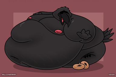 3_toes 4_fingers anthro avian_feet beak belly big_belly black_beak black_body copyright_symbol deep_navel dessert doughnut feathers feet fingers food head_tuft huge_belly hyper hyper_belly immobile male moobs morbidly_obese morbidly_obese_anthro morbidly_obese_male navel nipples non-mammal_nipples obese obese_anthro obese_male open_beak open_mouth orange_eyes overweight overweight_anthro overweight_male pastry pink_nipples pink_tongue red_background simple_background sitting solo symbol tail tail_feathers toes tongue tuft balloonedbird tuba_(balloonedbird) avian bird corvid corvus_(genus) crow oscine passerine 2024 hi_res shaded