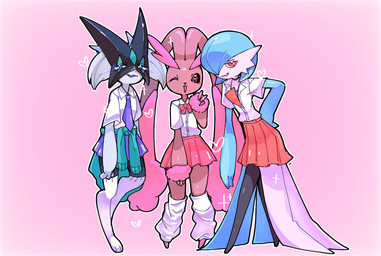 accessory anthro blue_pseudo_hair bottomwear bow_tie brown_body choker clothed clothing crossdressing femboy footwear fur green_body green_hair group hair heart_symbol jewelry leg_warmers legwear looking_at_viewer male necklace necktie one_eye_closed one_eye_obstructed paws pink_body pink_bottomwear pink_clothing pink_fur pink_skirt pseudo_hair purple_eyes red_eyes simple_background skirt socks sparkles teeth thigh_highs thigh_socks trio white_body irohasu_hshs nintendo pokemon felid feline gardevoir generation_3_pokemon generation_4_pokemon generation_9_pokemon humanoid lagomorph lopunny mammal meowscarada pokemon_(species) shiny_pokemon 2026 hi_res