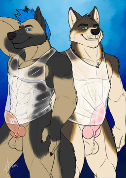 abs anthro balls black_body black_fur black_nose blue_hair bottomless closed_smile clothed clothing duo erection front_view fur genitals glistening glistening_eyes green_eyes grin hair hand_behind_head head_tuft knot looking_at_viewer male male_anthro mouth_closed muscular muscular_anthro muscular_male pecs penis pink_penis simple_background smile standing tan_balls tan_body tan_fur translucent translucent_clothing translucent_topwear tuft hufnaar canid canine canis domestic_dog german_shepherd herding_dog mammal pastoral_dog 2016 dated hi_res