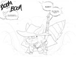 anthro boom chibi clothing cowboy_hat cute_fangs duster_coat fangs female furgonomics gun hat headgear headwear holding_object holding_weapon magic magic_user profanity ranged_weapon rifle shotgun solo teeth text weapon wide_brim_hat yelling amara_burrger gunfire_games gunfire_games'_the_ashes_(franchise) remnant:_from_the_ashes protagonist_(the_ashes) rae_(raekin) mammal procyonid raccoon english_text line_art monochrome sketch