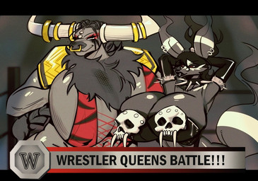 anthro belt big_breasts bone braided_hair breasts clothing collar duo ear_piercing facial_piercing fighting_ring fur gloves hair handwear horn leather muscular nose_piercing nose_ring piercing ponytail red_eyes ring_piercing skull skull_head smile smiling_at_viewer spiked_collar spikes tail television_show text topwear wrestler wrestling wrestling_belt wrestling_outfit makumba nintendo pokemon duskull eeveelution generation_1_pokemon generation_2_pokemon generation_3_pokemon generation_9_pokemon hybrid mammal paldean_form paldean_tauros pokemon_(species) regional_form_(pokemon) tauros umbreon digital_media_(artwork)
