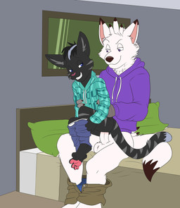 adult_on_young age_difference anal anal_penetration anthro anthro_on_anthro anthro_penetrated anthro_penetrating anthro_penetrating_anthro balls bed black_body black_fur black_hair blue_eyes bottomwear bottomwear_down carrying_another cheek_tuft claws clothed clothing dipstick_tail duo erection facial_tuft feet fur furniture genitals hair holding_partner inside jacket larger_male male male/male male_penetrated male_penetrating male_penetrating_male markings multicolored_tail older_male on_bed pants pants_down partially_clothed penetration penile penile_penetration penis penis_in_ass pillow pink_nose purple_eyes sex sitting size_difference smaller_male smaller_penetrated striped_body striped_fur stripes tail tail_markings teeth toes topwear tuft white_balls white_body white_fur young young_anthro young_male younger_male younger_penetrated compfive finn_(birdpup) canid canine felid feline mammal absurd_res hi_res