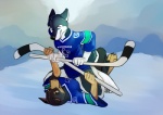 2013 anthro canid canine canis demicoeur digital_media_(artwork) domestic_dog duo female fight fur grey_body grey_fur hayln hockey hockey_stick humanoid_pointy_ears jersey lying mammal nhl on_back outside pointy_ears sharps sky snow sport straddling vancouver_canucks wolf