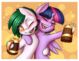 blush border drunk duo eyebrows eyelashes eyes_closed feathered_wings feathers female feral fur green_hair hair hooves horn multicolored_hair one_eye_closed open_mouth purple_body purple_fur smile substance_intoxication teeth tongue white_body white_border white_fur wings yellow_eyes conditional_dnp pudgeruffian friendship_is_magic hasbro my_little_pony mythology fan_character twilight_sparkle_(mlp) equid equine mammal mythological_creature mythological_equine pegasus winged_unicorn hi_res