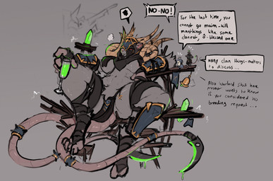 2_tails abs anthro athletic big_breasts bottomwear breasts clothing dialogue extreme_size_difference female group horn larger_female loincloth macro macro_female mask multi_tail size_difference solo speech_bubble spread_legs spreading tail text thick_thighs unimpressed thesociallyawkwardpinguin warhammer_(franchise) vekka_eshin mammal rodent skaven verminlord english_text hi_res sketch