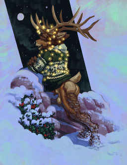 animal_genitalia animal_penis anthro antlers balls bottomless breath butt cervine_genitalia cervine_penis clothed clothing genitals holly_(plant) horn male night outside partially_clothed penis plant saggy_balls scut_tail sheath sheath_tuft short_tail snow solo sweater tail topwear topwear_only momamo mo_(momamo) cervine deer elk mammal absurd_res hi_res