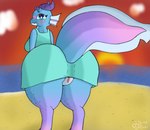 anthro beach blush clothed clothing dress female genitals green_clothing green_dress horn looking_back membrane_(anatomy) membranous_wings outside pussy skimpy solo sunset wings trippybunny kobold marine scalie 2024 hi_res