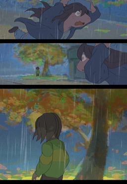 ambiguous_gender ambiguous_human anthro backpack brown_hair clothed clothed_anthro clothed_human clothing detailed_background duo hair light_body light_skin open_mouth outside plant purple_body purple_scales raining road running scales solo tree rangai deltarune undertale_(series) kris_dreemurr susie_(deltarune) human mammal reptile scalie 2021 comic digital_drawing_(artwork) digital_media_(artwork) english_description japanese_description female_(lore)