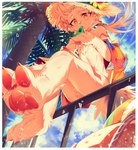 aloha_shirt anthro ball beach_ball blue_sky blush bodily_fluids border casual_exposure cheek_tuft chest_tuft clothed clothing cloud crotch_tuft dangling_legs day detailed_background eating facial_tuft feet fingers_between_toes floral_print flowing_hair food foot_focus fur hair hat headgear headwear holding_food holding_object holding_popsicle inflatable legs_together looking_at_foot looking_at_self looking_down low-angle_view male male_anthro mostly_nude off_shoulder on_railing open_clothing open_shirt open_topwear outside palm_tree particles pattern_clothing pattern_shirt pattern_topwear pawpads pawprint_print pink_pawpads plant ponytail popsicle railing shirt sitting sky solo straw_hat sun_hat sunny sweat sweaty_feet tan_body tan_fur topwear tree tuft white_border wind worm's-eye_view yellow_eyes sosak0622 sia_(gofkdcb) canid canine fox mammal 2022 absurd_res hi_res