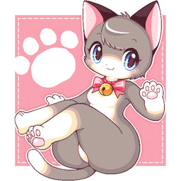 4_fingers 4_toes anthro bangs bell bell_collar black_ears blue_eyes blush bow_tie breasts collar countershade_face countershade_torso countershading dipstick_tail featureless_breasts featureless_crotch feet female fingers footprint fur grey_body grey_fur kemono markings multicolored_tail pawpads pawprint pink_background pink_pawpads simple_background small_breasts solo tail tail_markings toes wide_hips takiune_(pixiv) domestic_cat felid feline felis mammal 1:1 2020 aliasing digital_media_(artwork) full-length_portrait low_res portrait