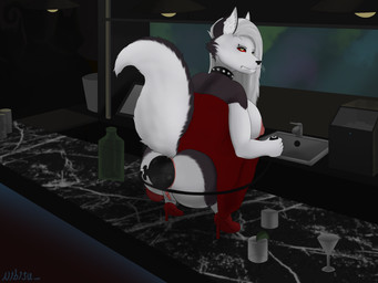 ahegao alcohol alcohol_bottle anal anal_penetration anthro anus areola bar beverage beverage_bottle big_anus big_areola big_breasts big_butt big_nipples bodily_fluids bottle breasts butt clenched_teeth clothed clothing container crouching dress female footwear fur furniture genitals hair high_heels huge_areola huge_breasts inflatable_toy looking_back looking_pleasured nightclub nipples object_in_ass on_table open_mouth penetration plug_(sex_toy) pushing_toy_out red_clothing red_sclera sex_toy sex_toy_in_ass sex_toy_insertion shoes simple_background sitting sitting_on_table solo table tail teeth thick_thighs vulva white_body white_fur nibisu hellaverse helluva_boss mythology loona_(helluva_boss) canid canid_demon canine demon hellhound mammal mythological_canine mythological_creature 4:3 absurd_res hi_res