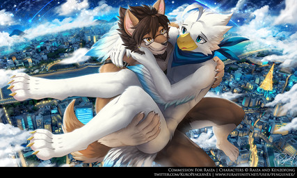 4_toes anthro beak blue_body blue_eyes blue_feathers brown_body brown_fur brown_hair cheek_tuft city claws cloud detailed_background duo eyewear facial_tuft feathers feet fur glasses glistening glistening_eyes hair head_tuft male mountain multicolored_eyes night nude orange_eyes paws plantigrade rectangular_glasses shooting_star sky tan_body tan_fur text toes tuft two_tone_eyes white_body white_feathers yellow_beak yellow_eyes penguinexperience avian canid canine canis domestic_dog mammal 5:3 english_text signature url