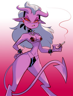 angry armband armwear bared_teeth bikini bikini_bottom bikini_top black_bottomwear black_clothing black_kerchief black_topwear bottomwear breasts cigarette clothing collar curved_horn curvy_figure digitigrade ear_piercing ear_ring eyebrows eyelashes eyewear female frown gem glasses grumpy hair hand_on_hip horn jewelry kerchief long_hair long_tail looking_at_viewer navel occult_symbol pentagram piercing pink_body pink_skin pupils red_eyes ring_piercing small_breasts small_waist smoking solo spade_tail spiked_armband spiked_collar spikes swimwear symbol tail teeth thick_thighs topwear two-piece_swimsuit wasp_waist white_hair white_pupils wide_hips yellow_teeth oyamanekon hellaverse helluva_boss mrs._mayberry_(helluva_boss) demon demon_humanoid humanoid monster 2021 hi_res