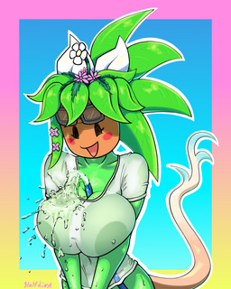 accessory anthro areola big_areola big_breasts black_eyes blush breast_squish breasts clothing eyelashes eyewear eyewear_on_head female flower flower_on_head forked_tail goggles goggles_on_head green_body green_skin hair_accessory hose huge_breasts looking_down nipple_outline object_between_breasts open_mouth plant plant_hair plant_pot pseudo_hair shirt simple_face smile solo squish standing t-shirt tail topwear translucent translucent_clothing unusual_anatomy unusual_tail water wet wet_body wet_clothing half_dime blaster_master kanna_(blaster_master) elemental_creature elemental_humanoid flora_fauna humanoid plant_humanoid absurd_res hi_res