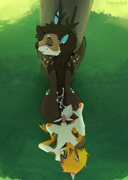 after_sex anthro antlers blue_ears bodily_fluids brown_body butt cum cum_on_back duo freckled_face freckled_hips freckled_shoulders freckles genital_fluids genitals grass horn male orange_body penis piercing plant size_difference spot_freckles spots spotted_face spotted_hips spotted_shoulders tail tree white_body trevart tass trippin_(character) deer mammal 2024 absurd_res hi_res