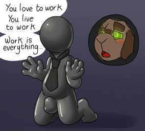 4_fingers accessory anthro ball_hood bdsm biped blush brainwashing bulge dialogue ellipsis fingers glistening green_eyes hypnosis kneeling latex male mind_control necktie open_mouth ringed_eyes simple_background solo speech_bubble text blueballs nerd_(sheeptastic) bovid caprine goat mammal 2019 digital_drawing_(artwork) digital_media_(artwork) english_text
