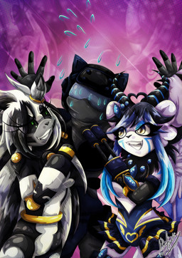 amber_eyes ambiguous_gender anthro arm_cannon armor black_body blue_markings bodily_fluids clothed clothed_anthro clothing female fully_clothed fully_clothed_anthro gem gesture green_eyes grin group hair hand_gesture headgear held_at_gunpoint helmet horn imminent_death long_hair machine markings multicolored_body multicolored_hair nude_anthro pointing pointing_at_another pointy_ears round_ears smile surrendering sweat topwear trio two_tone_body two_tone_hair white_body white_hair yellow_markings yukariasano sega sonic_the_hedgehog_(series) thetis_(bonjolasermaster) velatis_ferio_caedo android robot unknown_species watermark