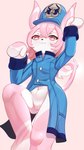 :3 anthro blue_clothing blue_hat blue_headwear blush blush_lines bodily_fluids bottomless clothed clothing dripping female front_view genital_fluids genitals hair hat headgear headwear looking_at_viewer mitten_hands navel on_one_leg pink_background pink_eyes pink_hair pose pussy pussy_juice_drip raised_tail simple_background solo standing tail uniform vaginal_fluids duemeng genshin_impact mihoyo blathine_(genshin_impact) marine melusine_(genshin_impact) 2023 absurd_res hi_res portrait