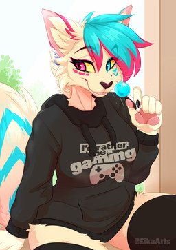 5_fingers anthro biped blue_eyes blue_hair breasts candy claws clothing day dessert ear_piercing female finger_claws fingers food front_view fur gauged_ear hair handpaw heterochromia holding_candy holding_food holding_lollipop holding_object hoodie inner_ear_fluff inside legwear lollipop paws piercing pink_eyes sitting smile solo tail thigh_highs topwear tuft window ei-ka felid feline mammal 2025 digital_drawing_(artwork) digital_media_(artwork) hi_res