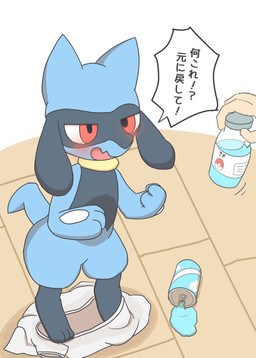 3_fingers 3_toes ambiguous_gender anthro beverage_can biped black_markings blush clothing dialogue duo facial_markings feet fingers head_markings high-angle_view implied_transformation leg_markings markings mask_(marking) nude open_mouth pokeball_symbol red_eyes shadow shirt socks_(marking) solo_focus speech_bubble spilled_drink standing t-shirt text three-quarter_view toes topwear root_doggie nintendo pokemon generation_4_pokemon human mammal pokemon_(species) riolu 2025 absurd_res colored hi_res japanese_description japanese_text