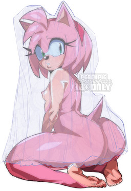 accessory anthro breasts butt cloak clothing feet female green_eyes hair_accessory hairband kneeling looking_back simple_background small_breasts solo tail translucent peachpie669 sega sonic_the_hedgehog_(series) amy_rose eulipotyphlan hedgehog mammal hi_res